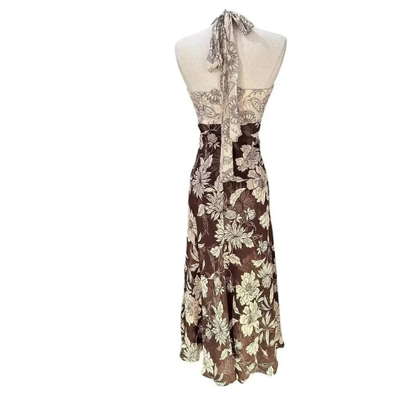 Donna Rico Brown 100% silk Halter Floral Maxi Dress beaded Size 2 - Picture 3 of 11